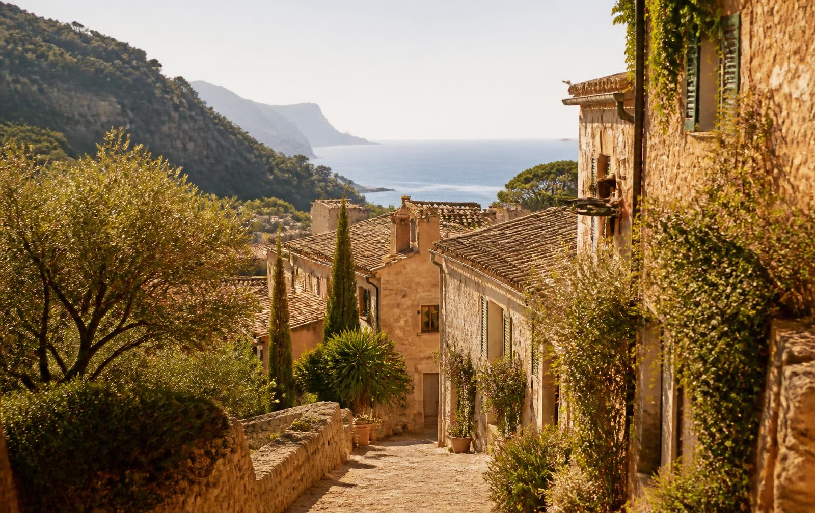 Sonnige Gasse in einem mallorquinischen Dorf mit Terrakotta-Dächern und Blick aufs Mittelmeer